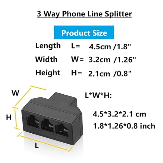 RJ11 Cable 3 Way Telephone Splitter 3 Pack, Black, Splitter 6P4C Connector Phone Line Cord Adapter with Cable for Landline Telephone Wire, Suitable for Telephone, Fax Machine