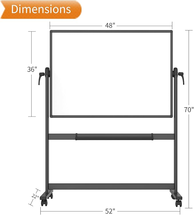 VIZ-PRO Double-Sided Magnetic Mobile Whiteboard, 48 x 36 Inches, Black Aluminium Frame and Stand