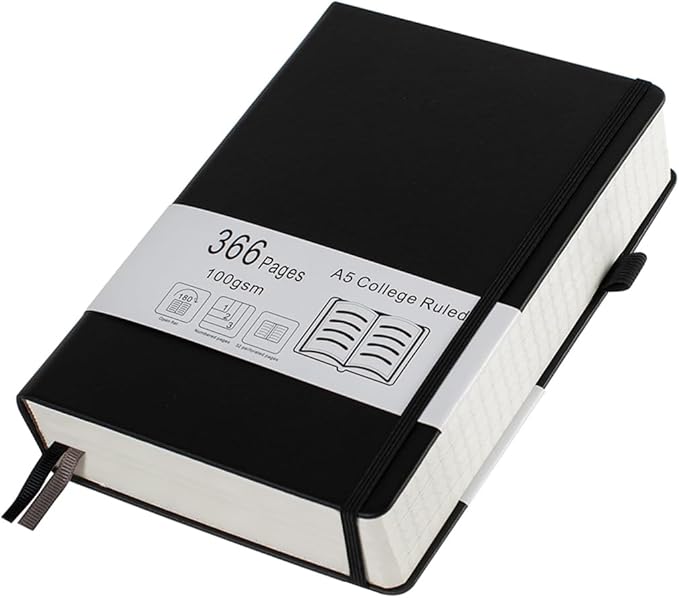 Thick College Ruled Notebook with 366 Numbered Pages, A5 Journals for Writing with 100GSM Lined Paper, Hardcover Leather Notebooks for Women Men School Note Taking Office Work Diary, 5.7"x8.3" Black