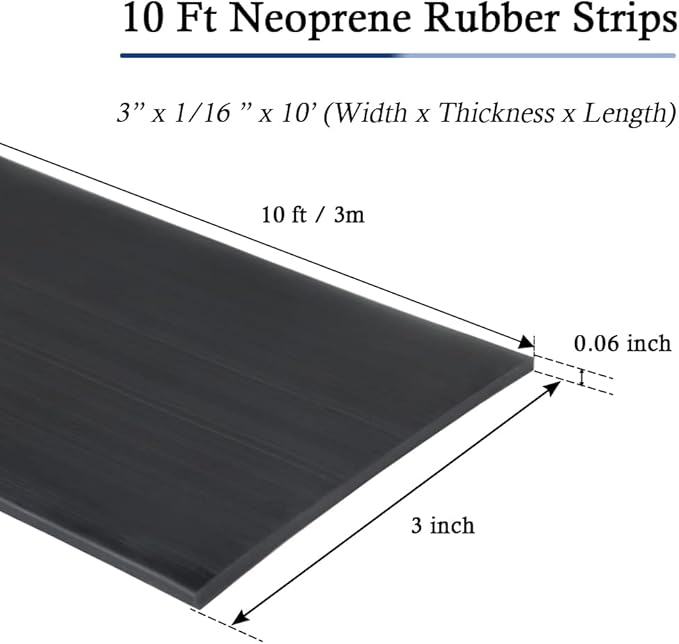 Neoprene Rubber Strips Self Adhesive Solid Rubber Sheets, Rolls & Strips for DIY Gaskets Crafts Pads Seals Warehouse Flooring Rubber Strip with Adhesive Backing (3” Wide x 1/16" Thick x 10' Long)