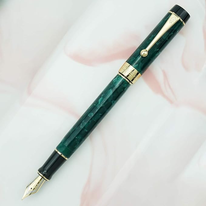 Jinhao 100 Fountain Pen Celluloid Classic Style, #6 Nib Smooth Writing Instrument with Refillable Converter and Pen Case Set