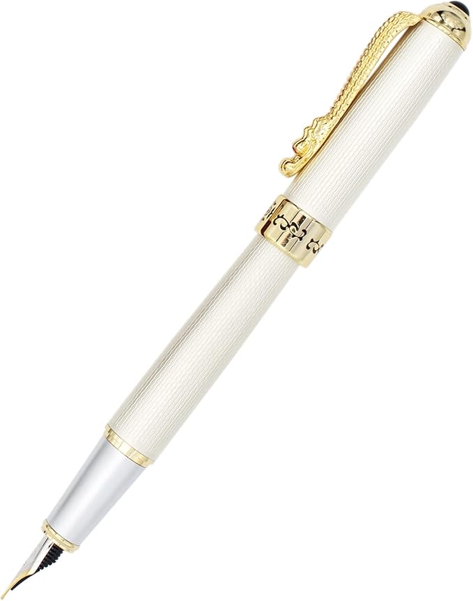 Gullor Fountain Pen with Ink Converter, Golden Dragon Clip, Executive Pen for Smooth Writing, Fine Nib, White