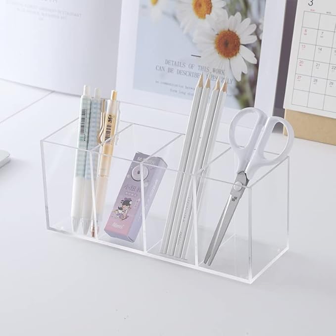 Acrylic Pen Holder 4 Compartments Clear Pencil Holder Organizer Makeup Brush Holder