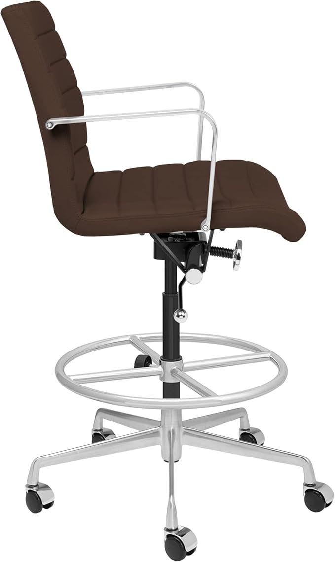 Laura Davidson Furniture SOHO II Ribbed Drafting Chair for Standing Desks, Standing Desk Chair - Ergonomically Designed, Draft Height, Arm Rest & Cushion, Made of Faux Leather, Dark Brown