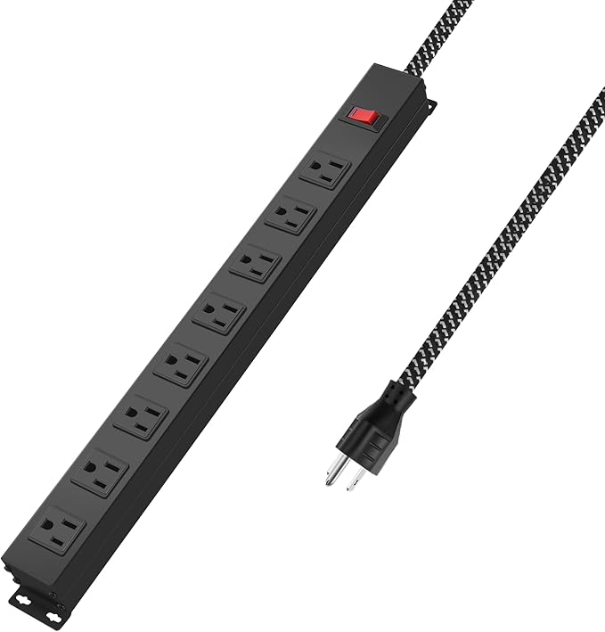 Metal 8 Outlet Mountable Power Strip with Switch,Wide Spaced Heavy Duty Wall Mount Power Strip Surge Protector 1200J,3FT 14AWG Braided Cord 15A 125V 1875W for Home Office Industrial Garage Commercial