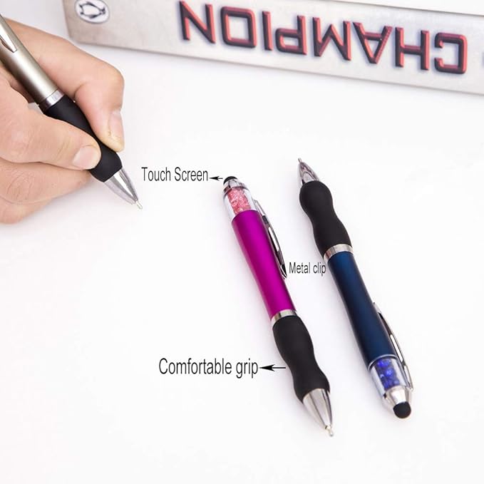 Stylus Pens for Touch Screens Medium Point Pens with Crystals for Women and Kids Black Ink Pen with Stylus Ballpoint Pens with Comfort Grip for The iPad, 5-Pack