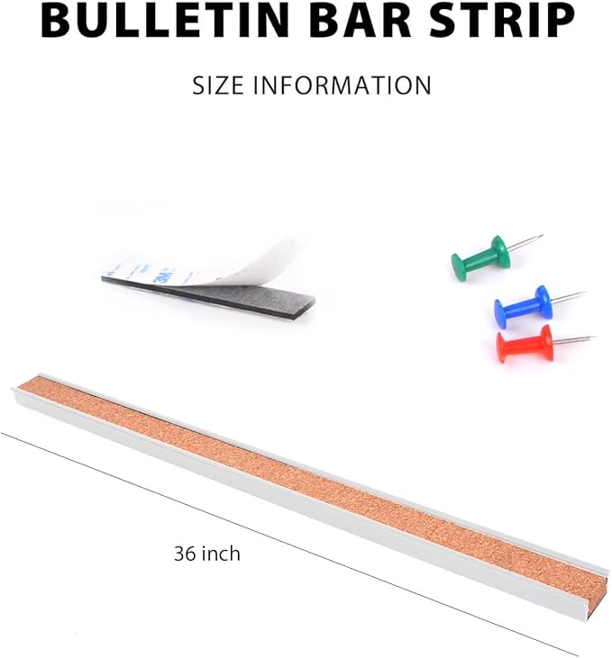 Corksidol Bulletin Bar Strip, Cork Board, Cork Strips, 36" x 1", Classroom, Office, Walls, Cubicle, Aluminum Frame,2 Pack, Silver