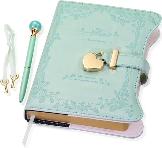 Diary with Lock and Keys for Girls Gift Ideas, 360 Gold Edged Pages Journal for Women, B6 Refillable Notebook for Writing with Pen and Bookmark (Garden Aqua)