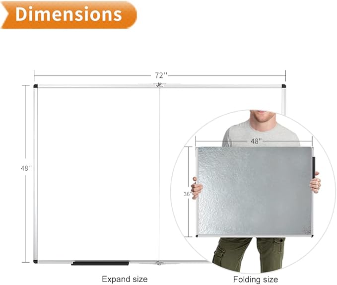 VIZ-PRO Large Dry Erase White Board/Magnetic Foldable Whiteboard, 72 X 48 Inches, Silver Aluminium Frame