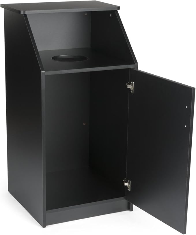 Displays2go Commercial Trash Bin with Black Finish, MDF Construction, Melamine Finish, Circular Cutout - Hinged Door (LCKDTLCSBK)