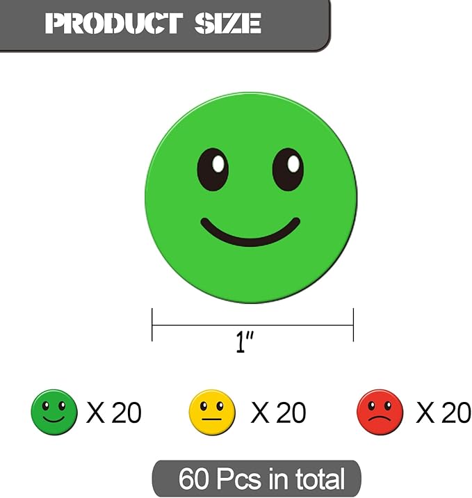 60 Pcs 1” Red Green Yellow Smiley Face Magnets, Colored Magnetic Dots for Whiteboard, Refrigerator, Office, Classroom (60, Red/Green/Yellow-Colors)