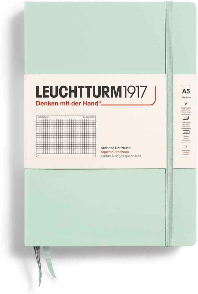 LEUCHTTURM1917 - Notebook Hardcover Medium A5-251 Numbered Pages for Writing and Journaling (Mint Green, Squared)