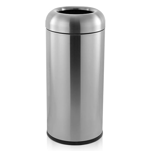 WICHEMI 16 Gallon Commercial Large Trash Can, Bullet Outdoor Trash Bin with Open Top Lid, Brushed Stainless Steel Garbage Can, Silver