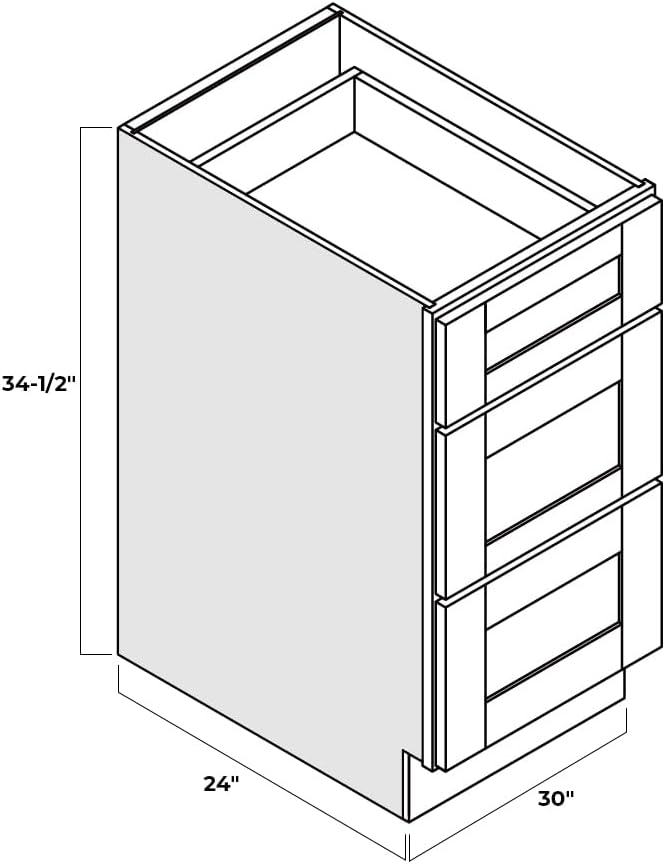 Shaker Style White RTA Base Drawer Cabinet by Solid Wood for Kitchen, Bathroom, Bedroom or Office with 3 Drawers and Soft Close(30" W x 24" Depth x 34-1/2" H)