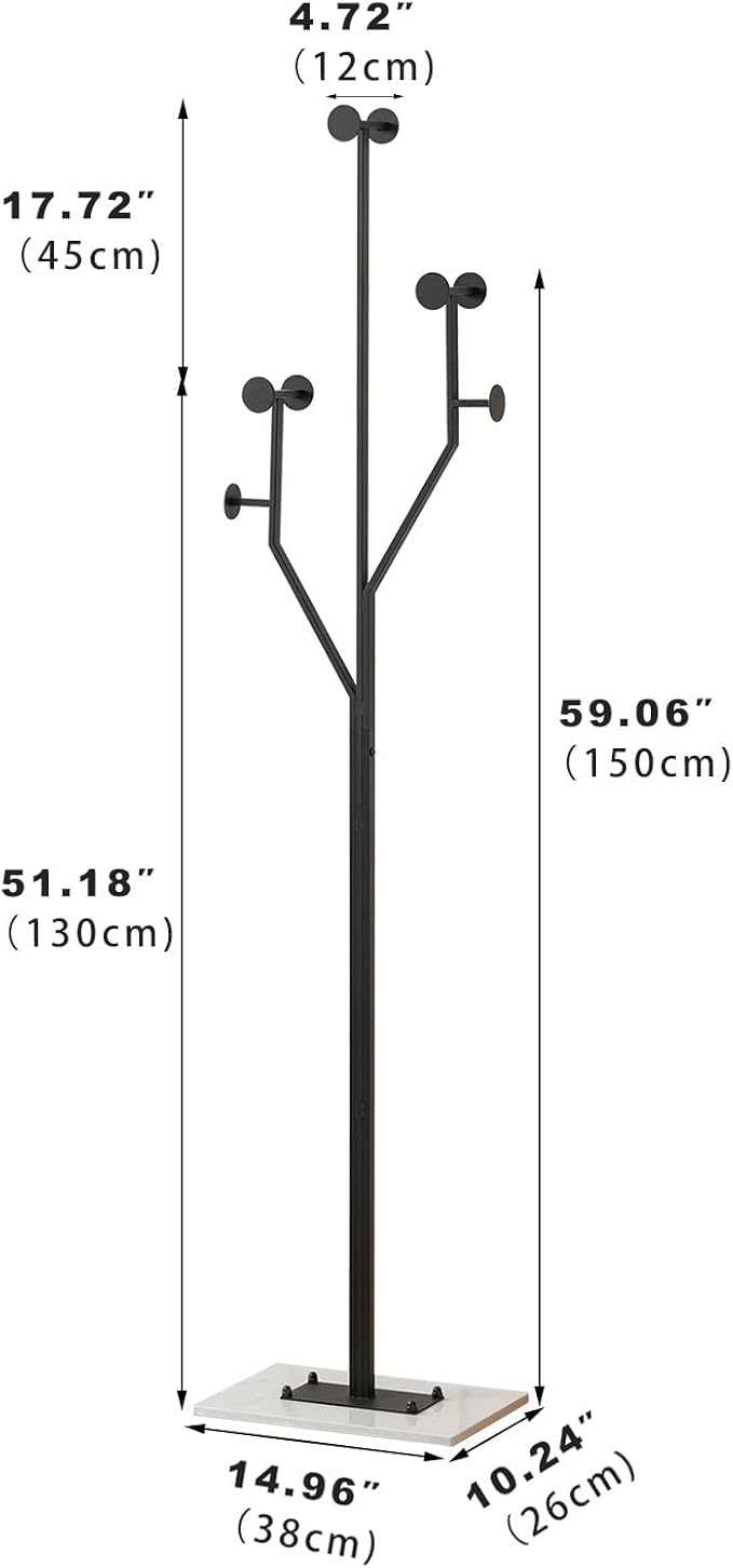 Heavy Duty Coat Rack Tree-shaped Metal Freestanding Coat Tree with Sturdy Marble Base Corner Coat Rack for Bedroom Entryway Hallway 14.96 x 10.24 x 68.9 Inches (Black)