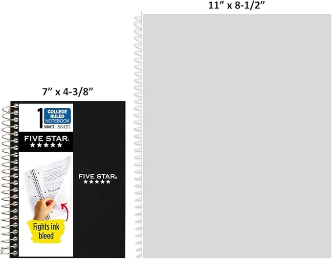 Five Star Spiral Notebook, 1 Subject, College Ruled Paper, 7" x 4-3/8", Personal Size, 80 Sheets, Black (450048AA2-ECM)