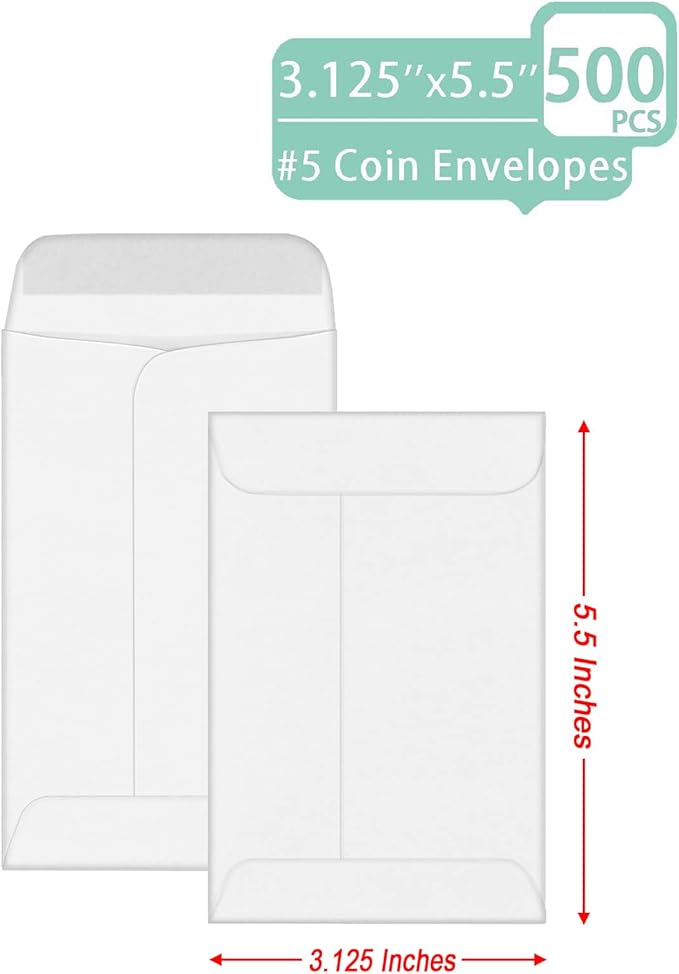 500 PCS #5 Coin Envelopes, 3.125 x 5.5 inches White Kraft Envelopes Classic Small Parts Envelopes with Self Adhesive Gummed Flap for Coins, Cash, Credit Cards, Seeds