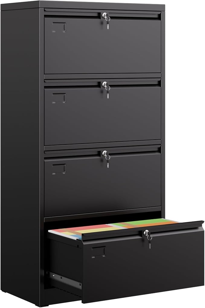 Aobabo 4 Drawer Wide Lateral File Cabinet, Metal Filing Cabinet with Lock, Suitable for Home Office School Hanging Files Letter/Legal/F4/A4 Size,Black,Required-Assembly,15.87" D x 28.94" W x 57.17" H