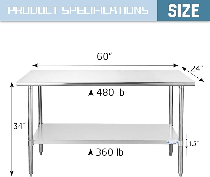 HALLY Stainless Steel Table for Prep & Work 24 x 60 Inches, NSF Commercial Heavy Duty Table with Undershelf and Galvanized Legs for Restaurant, Home and Hotel