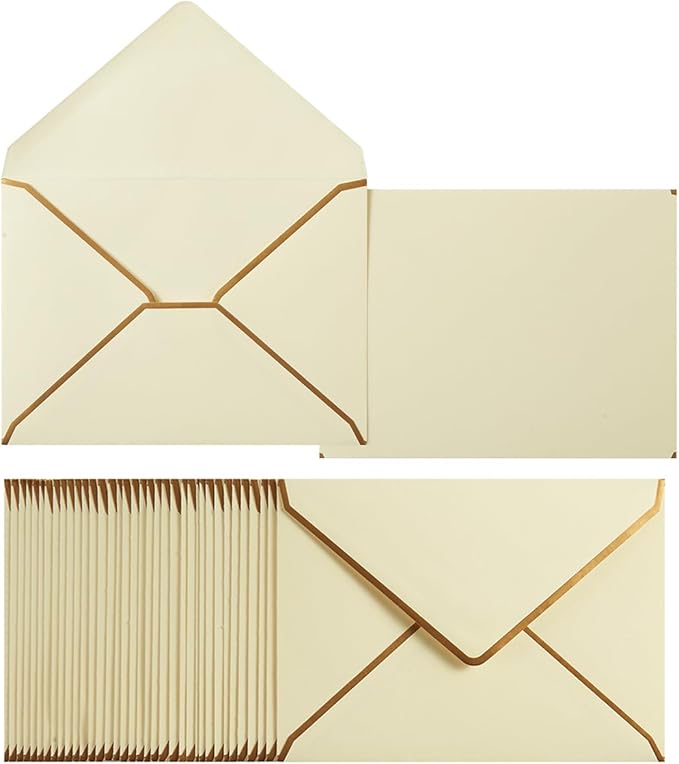 50 Pack A7 Envelopes Cream Color 5 x 7 Self-Adhesive V Flap Envelopes with Gold Border for Office, Greeting Card, Wedding, Graduation, Baby Shower, Parties, Invitations (Cream Color, 5x7)