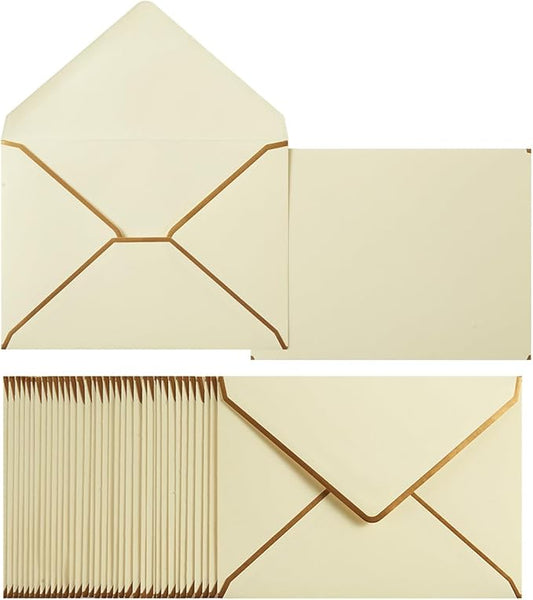 50 Pack A7 Envelopes Cream Color 5 x 7 Self-Adhesive V Flap Envelopes with Gold Border for Office, Greeting Card, Wedding, Graduation, Baby Shower, Parties, Invitations (Cream Color, 5x7)