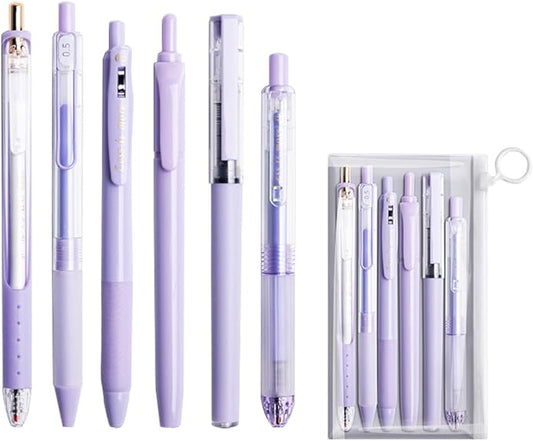 6 Count Pastel Gel Ink Pen Set,Cute Note Taking 0.5mm Fine Point Retractable 5 Count Black Ink Pens with 1 Count Highlighter for Writing, Journaling, School, Office (Purple)