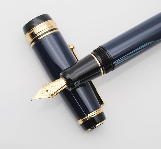Metal Big Fountain Pen Set Medium Nib 0.7mm, Includes Ink Refill Converter, 5 Ink Cartridges & Gift Box (Medium Nib 0.7mm, Dark Blue)