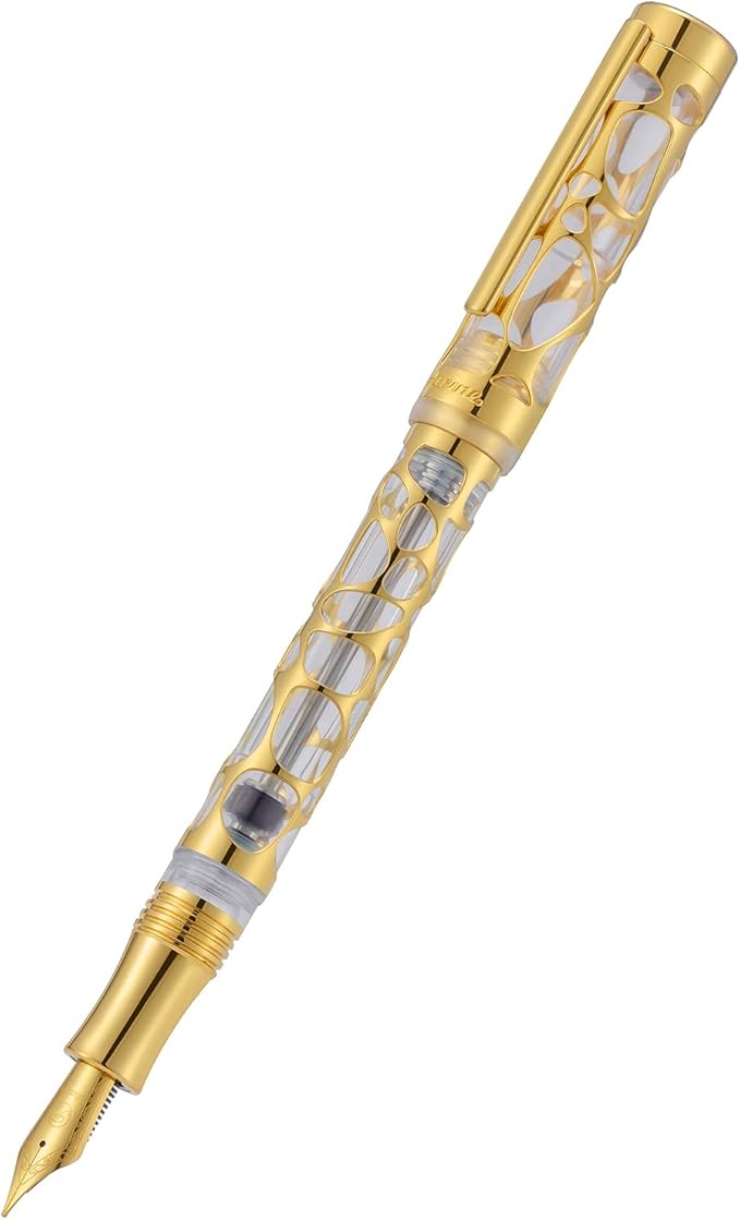 Asvine V169 Vacuum Filling Fountain Pen Extra Fine Nib, Water Drop Skeleton Overlay Gold Trim Transparent Clear Acrylic Pen Case Set
