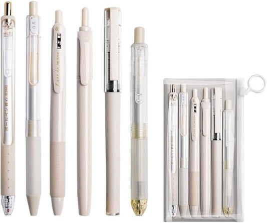 6 Count Pastel Gel Ink Pen Set,Cute Note Taking 0.5mm Fine Point Retractable 5 Count Black Ink Pens with 1 Count Highlighter for Writing, Journaling, School, Office (Off White)