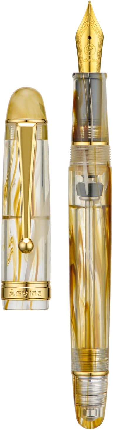 Asvine V126 Vacuum Filling Fountain Pen Fine Point, Brown Swirl Transparent Acrylic Pen Gift Case