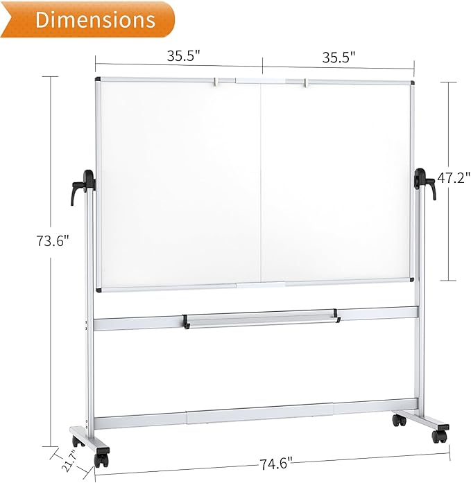 VIZ-PRO Double-Sided Mobile Whiteboard, 72 x 48 Inches, Magnetic Rolling Dry Erase White Board on Wheels with Aluminium Frame and Stand