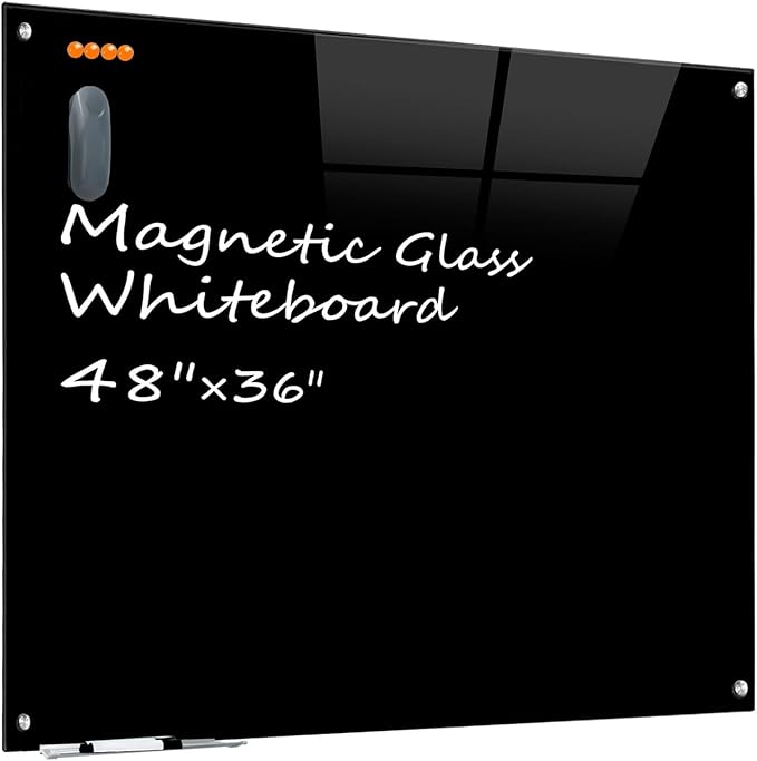 KIZZBY Black Glass Dry Erase Board - Magnetic Blackboard for Wall, 48"x36" Large Frameless Black Whiteboard for Office, Home & School
