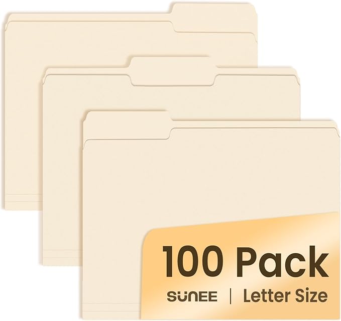 SUNEE Manilla Folders Letter Size (8.5 x 11 inches),100 Per Box, 1/3 Cut Tab for Easy Labeling and Organization, Durable Standard Paper for Home, Office, School Filing