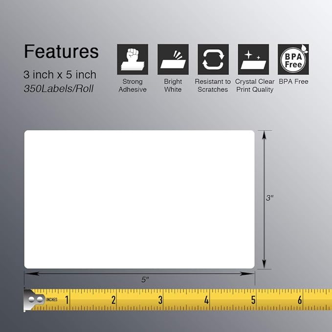 BETCKEY - 3" x 5" (76 mm x 127 mm) Multipurpose & Large Shipping Labels Compatible with Zebra & Rollo Label Printer,Premium Adhesive & Perforated [1 Rolls, 350 Labels]
