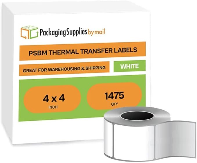 PSBM Thermal Transfer Labels, 4x4 Inch, 4 Rolls, 1475 Labels/Roll, 3 Inch Core, Perforated, Must Have Thermal Ribbon (Not Included)