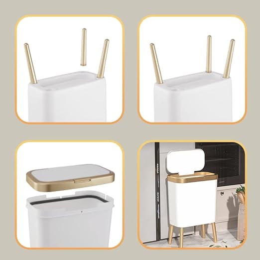 Procade 2Pack White Trash Can with Lid, Bathroom Trash Can with Gold Edge, Narrow Modern Garbage Can for Bedroom, Slim Plastic Trash Bin for Room,Kitchen, Living Room, Office,4 Gallon
