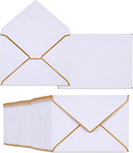 50 Pack White A6 Envelopes 4x6 Self-Adhesive V Flap Envelopes with Gold Border for Office, Greeting Card, Wedding, Graduation, Baby Shower, Parties, Invitations (White, 4x6)