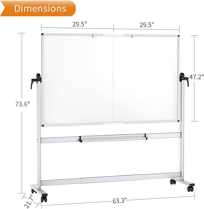 VIZ-PRO Double-Sided Mobile Whiteboard, 60 x 48 Inches, Magnetic Rolling Dry Erase White Board on Wheels with Aluminium Frame and Stand