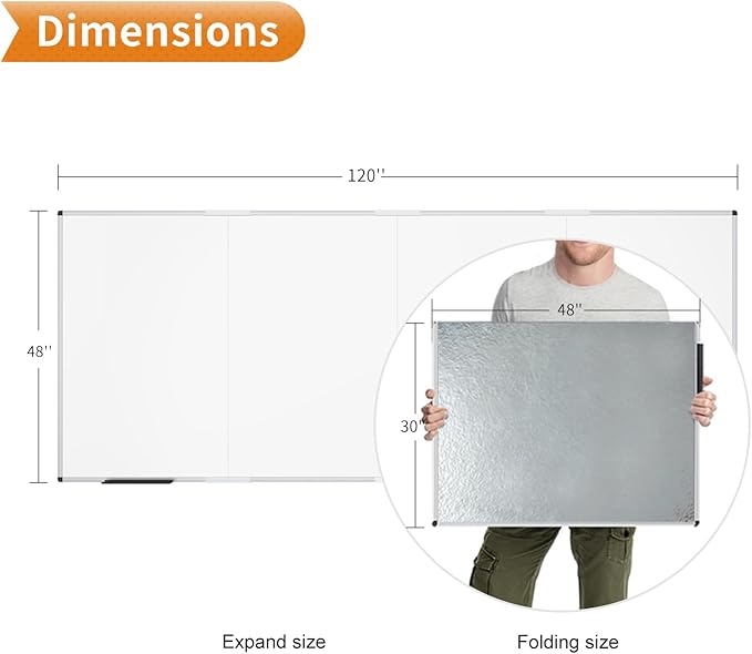 VIZ-PRO Large Dry Erase White Board/Magnetic Foldable Whiteboard, 120 X 48 Inches, Silver Aluminium Frame