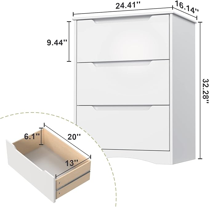 Gizoon 3 Drawers Chest, Bedroom Drawer Dresser with Large Storage Capacity, Embedded Handle, and Sturdy Anti-Tripping Device, Modern Design Cabinet for Hallway, Office, Living Room (White)
