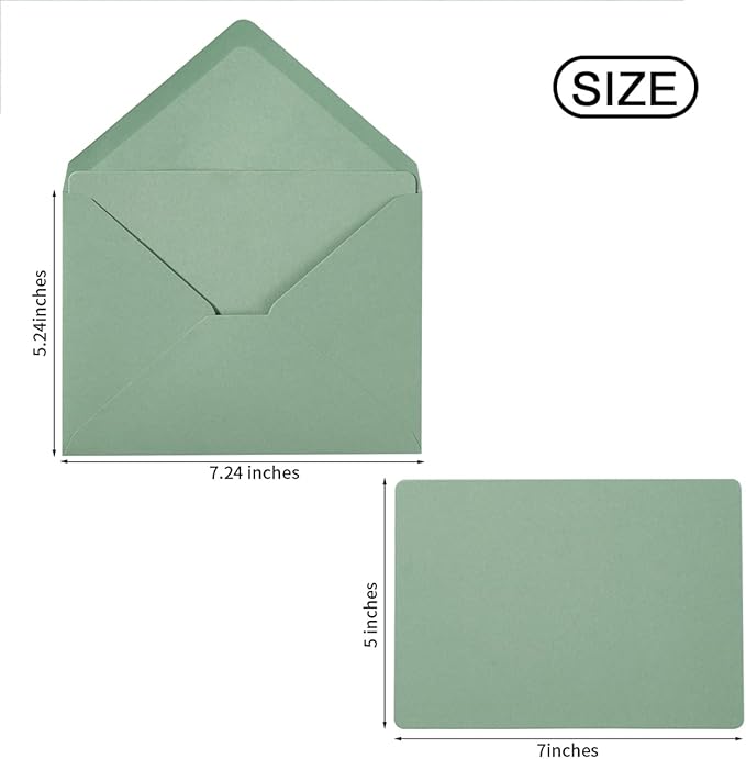 A7 Colorful Envelopes and Blank Cards 24 Pieces A7 Envelopes and 24 Pieces 5x7 Colorful Flat Cards for Weddings, Invitations, Birthday, Baby Shower (Sage Green)
