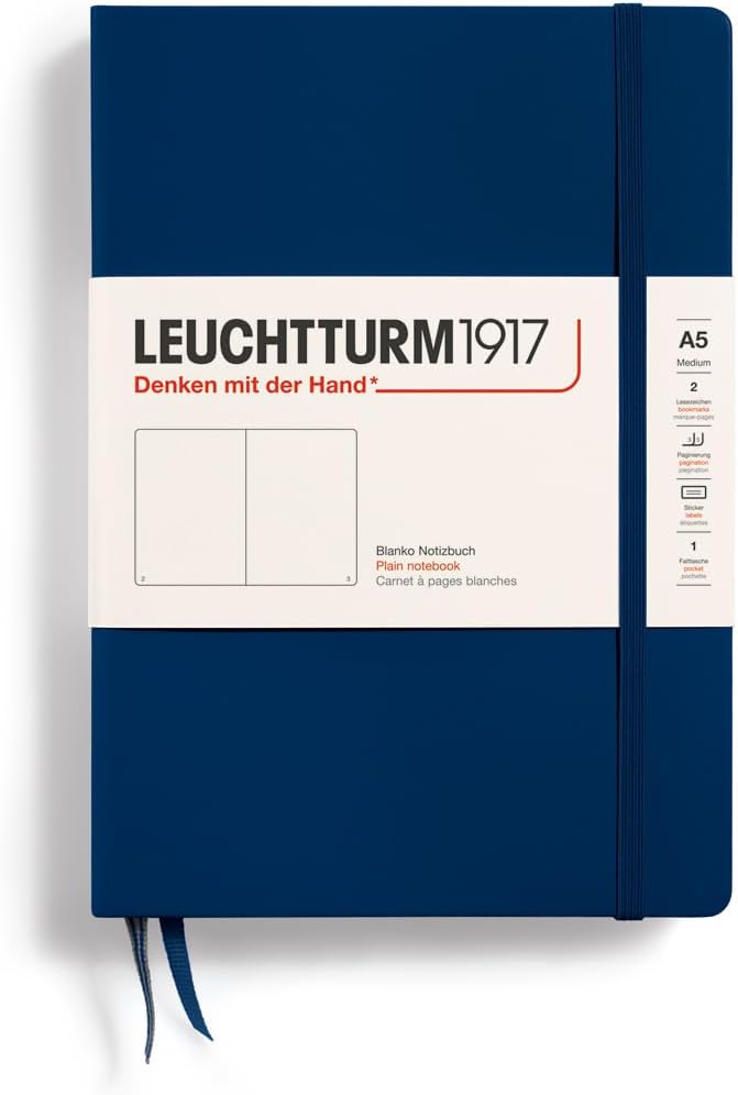 LEUCHTTURM1917 - Notebook Hardcover Medium A5-251 Numbered Pages for Writing and Journaling (Navy, Plain)