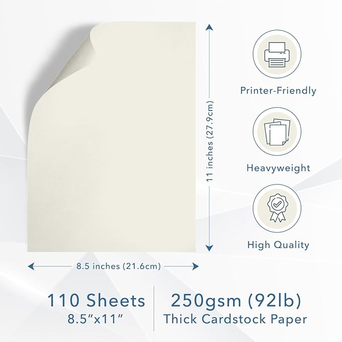 MOS Off White Cardstock Paper - 8.5" x 11" Heavy Card Stock (110 Sheets) - For Crafting, Resume Paper, Business Cards, Invitations, Menus & Certificates - Smooth Finish, Printer-Friendly