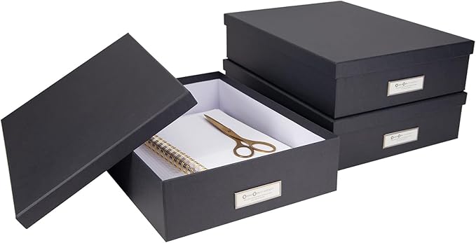 Bigso Oskar Fiberboard Label Frame Document Letter Box | File Organizer Document Box for Important Paperwork | Document Storage Box with a Lid & Label Window | 3.3″x10.2″x13.8″ | 3 Pack | Dark Grey