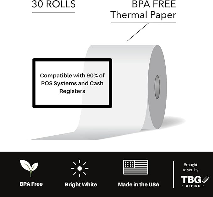 2 1/4” x 165' Thermal Paper Rolls - BPA FREE – MADE IN USA - Receipt paper rolls – Point of Sale Cash Register - Thermal printer paper - Credit Card Paper - (1 Case - 30 Rolls)