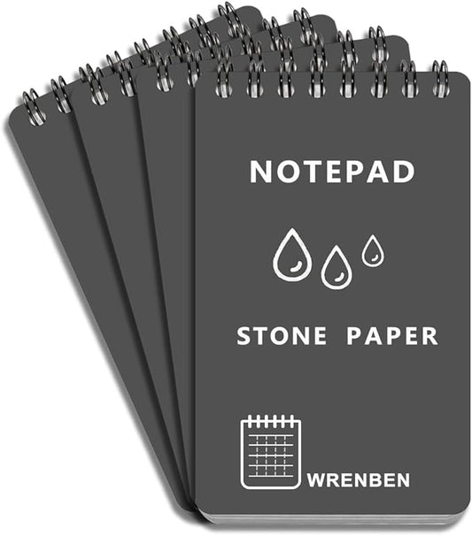 4 Pack Weatherproof Spiral Notepads A7 Waterproof Stone Paper Pocket Notebooks, Grid Pattern, Hard Cover with IN & CM Scales, Small All Weather Steno Pads for Travel, Field (3" x 5", Grey)