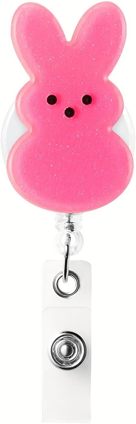 Easter Badge Reels Nurse Badge Reel,Funny Badge Reel,Cute Pink Bunny ID Name Badge Holder Full Cover Retractable Acrylic Clips for Office Teacher Student Nurse Doctor