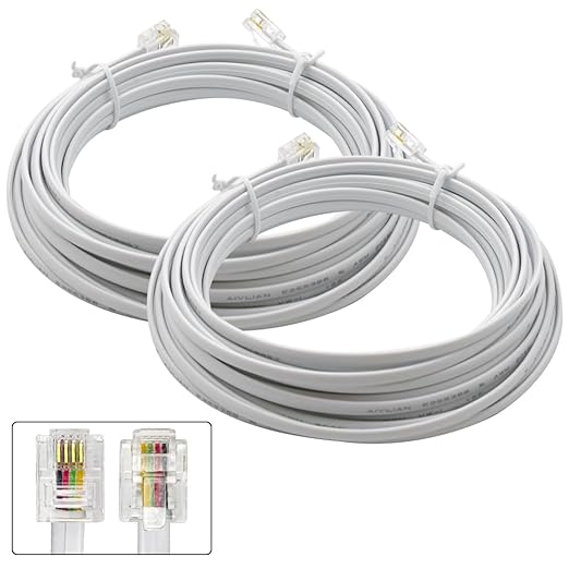 Phone Cable 25 Feet Telephone Line Cord with RJ11 6P4C Connectors for Landline Phone, Fax Machine and Modem, for Both in-Wall and Out-Wall Using, White, 2 Pack, AV04219