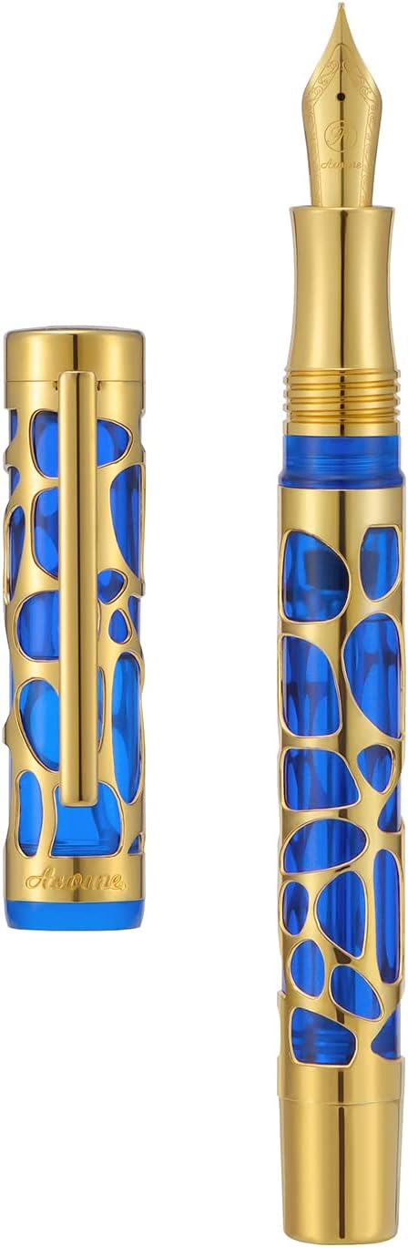 Asvine V169 Vacuum Filling Fountain Pen Medium Nib, Water Drop Skeleton Gold Trim Transparent Blue Acrylic Pen Case Set