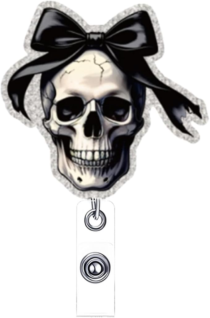 Halloween Skull Badge Reel Retractable for Nurse Nursing Student Medical Worker & Office Staff Acrylic Alligator Clip Badge Reel Halloween Skeleton with Bow ID Card Badge Holder Gifts